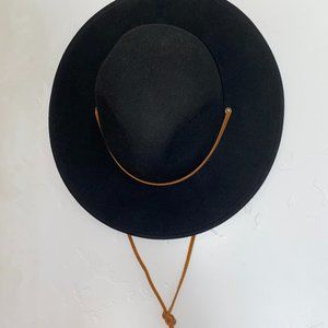 Brixton Black Field Wide Brim Felt Fedora Hat with Brown Leather Strap
